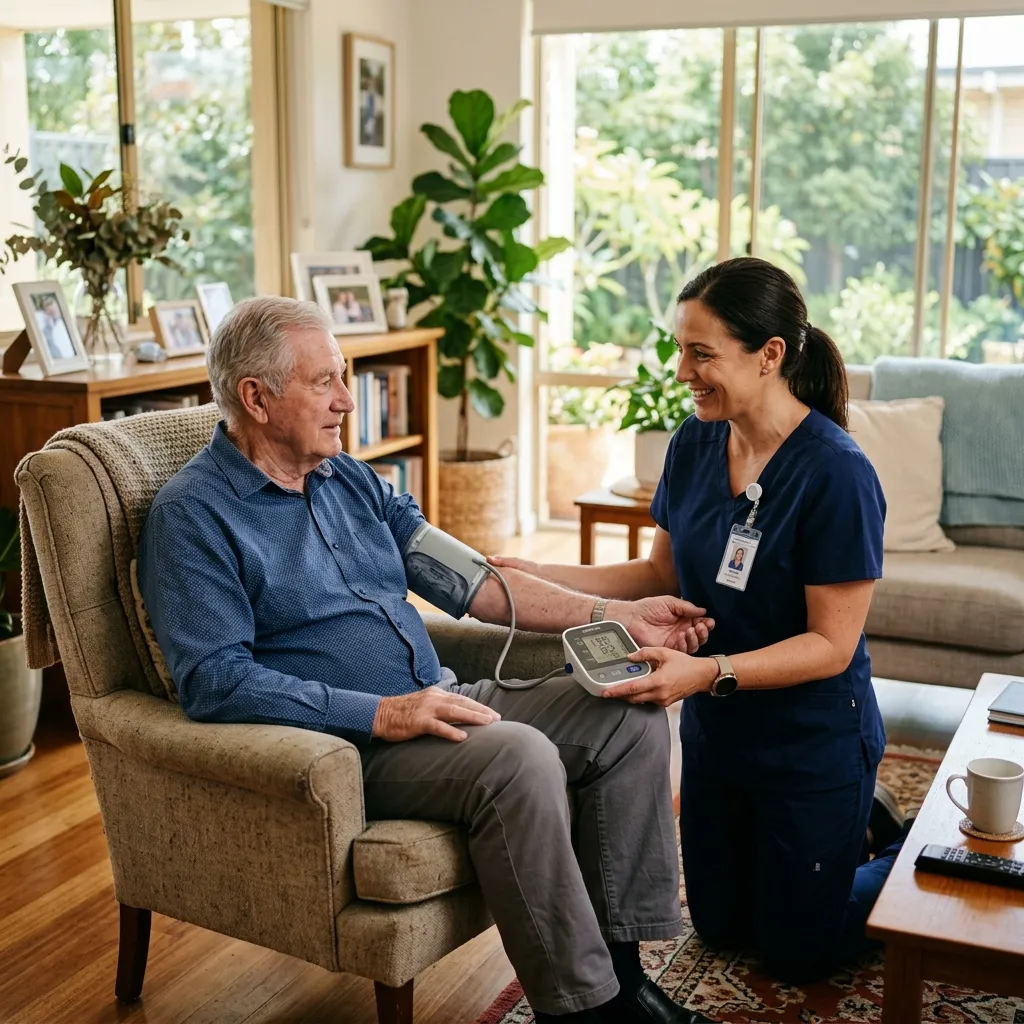 Registered nurse conducting a home health assessment and coordinating services for an elderly client — The Nurse Who Knows You model